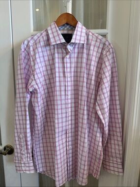 Tattersall London Pink White Check Dress Shirt Long Sleeve 16.5/34 100% Cotton